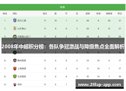 2008年中超积分榜：各队争冠激战与降级焦点全面解析